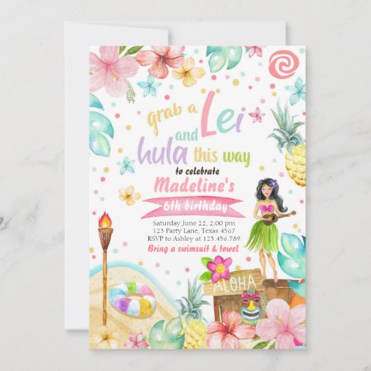 Hawaiian Luau Birthday Invite Tropical Pool Party Einladung (Vorderseite)