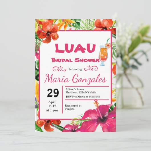 Hawaiian Luau Bridal Dusche Einladung (Stehend Vorderseite)