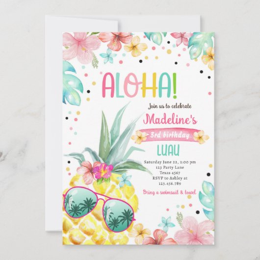 Hawaiian Luau Pineaple Tropical Girl Birthday Einladung (Vorderseite)