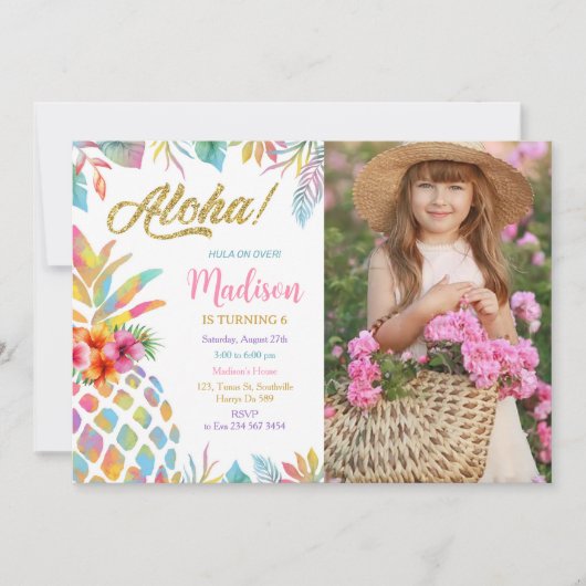 Hawaiian Luau Pineaple Tropical Girl Birthday Einladung (Vorderseite)