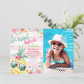 Hawaiian Luau Pineapple Pool Party Girl Birthday Einladung (Stehend Vorderseite)