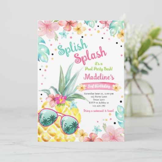 Hawaiian Luau Pineapple Pool Party Girl Birthday Einladung (Stehend Vorderseite)