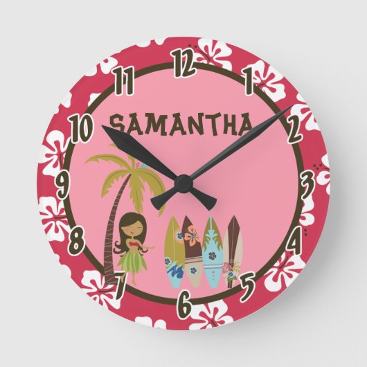 Hawaiian Luau Surf Board Tiki Personalized Clock Runde Wanduhr (Vorderseite)