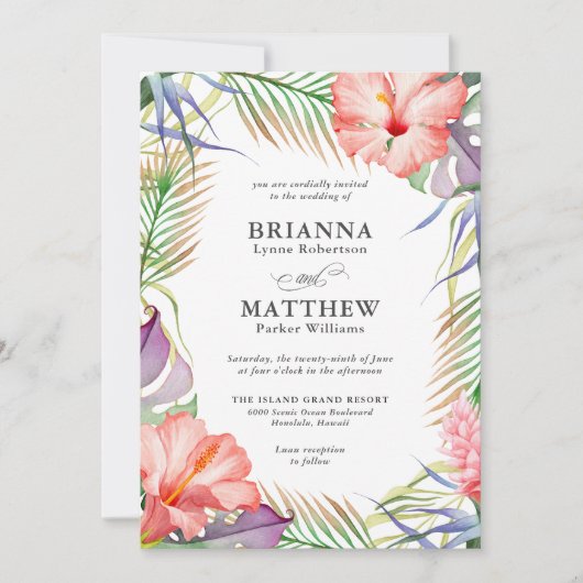 Hawaiian Luau Tropical Island Floral Wedding Einladung (Vorderseite)