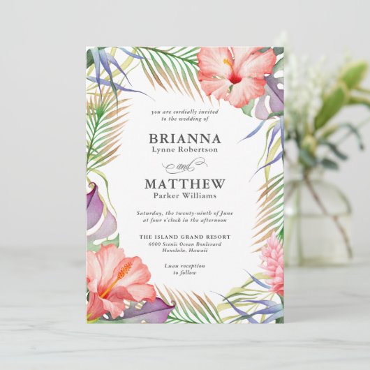 Hawaiian Luau Tropical Island Floral Wedding Einladung (Stehend Vorderseite)