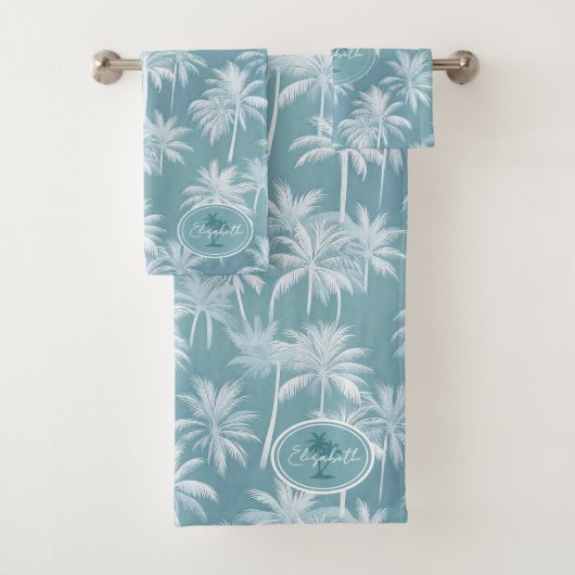 Hawaiian Palm Tree Silhouette Muster Aquamarin ID1 Badhandtuch Set (Insitu)