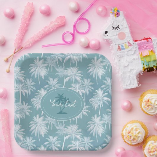 Hawaiian Palm Tree Silhouette Muster Aquamarin ID1 Pappteller (Party)