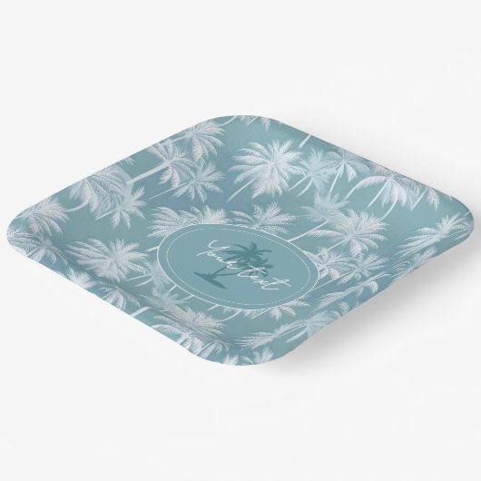 Hawaiian Palm Tree Silhouette Muster Aquamarin ID1 Pappteller (Gewinkelt)