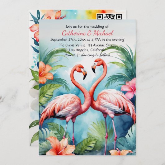 Hawaiian Pink Flamingo Hibiskus QR Code Wedding Einladung (Vorne/Hinten)