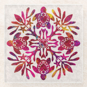 Hawaiian Quilt Honu (Meeresschildkröte) Glasuntersetzer