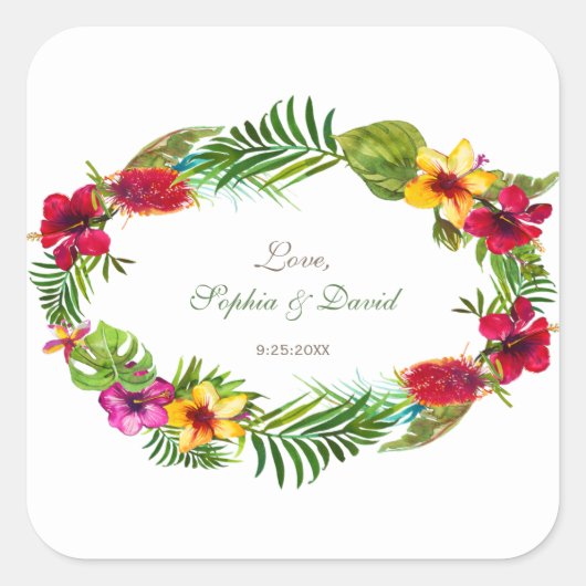Hawaiian Radiant Tropical Floral Wreath Wedding Quadratischer Aufkleber (Vorderseite)