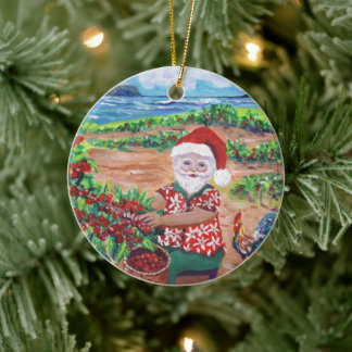 Hawaiian Santa Claus and Coffee Mele Kalikimaka Keramik Ornament