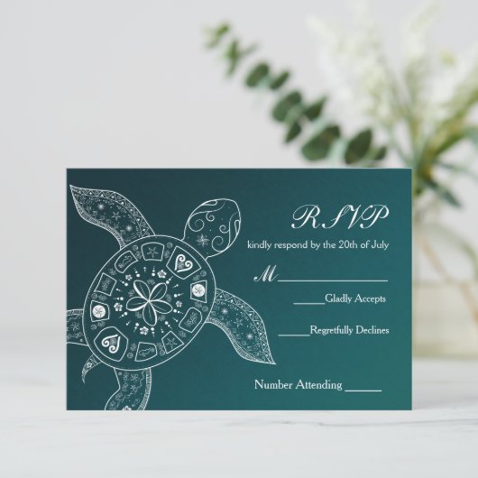 Hawaiian Sea Turtle White Blue Beach Wedding UAWG RSVP Karte (Stehend Vorderseite)