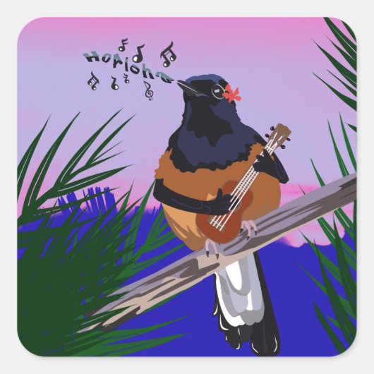 Hawaiian Shama Bird spielt Ukulele Quadratischer Aufkleber (Vorderseite)