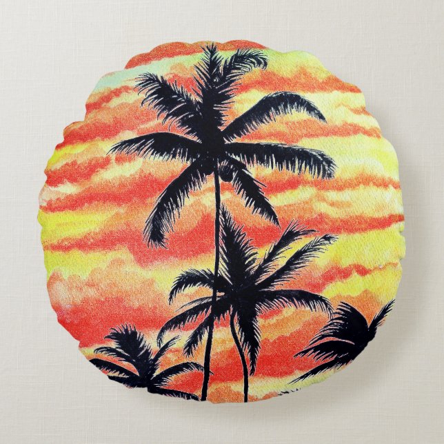 Hawaiian Sunset Coco Palms Rundes Kissen (Vorderseite)