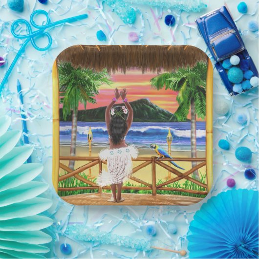 Hawaiian Sunset Hula Dancer Pappteller (Party)