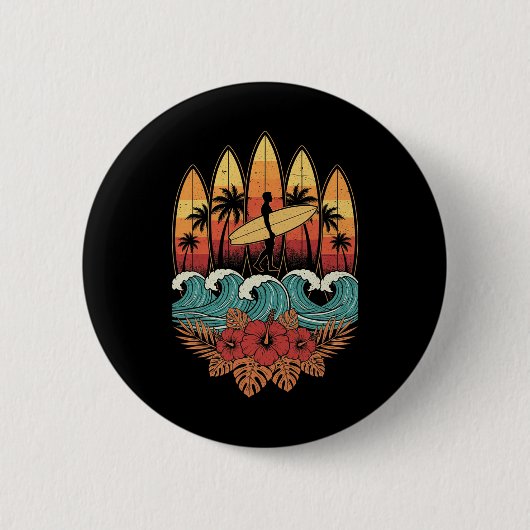 Hawaiian Surfboarder Retro Sunset Ocean Surfer Button (Vorderseite)