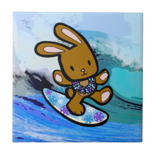 Hawaiian Surfing Bunny Holiday Cartoon Fliese