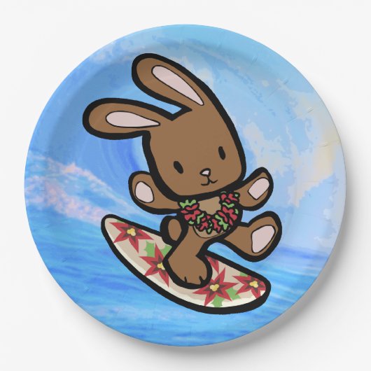 Hawaiian Surfing Bunny Holiday Cartoon Pappteller (Vorderseite)