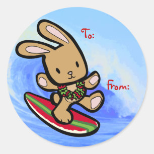 Hawaiian Surfing Bunny Holiday Cartoon Runder Aufkleber