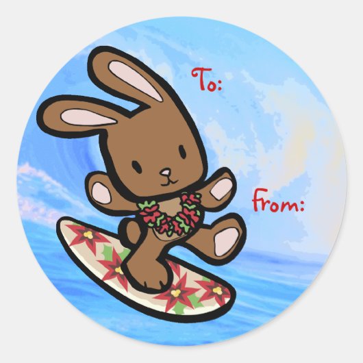 Hawaiian Surfing Bunny Holiday Cartoon Runder Aufkleber (Vorderseite)