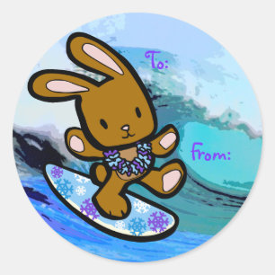 Hawaiian Surfing Bunny Holiday Cartoon Runder Aufkleber