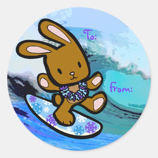 Hawaiian Surfing Bunny Holiday Cartoon Runder Aufkleber (Vorderseite)