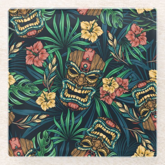 Hawaiian Tiki Mask tropisches Muster Glasuntersetzer (Vorderseite)
