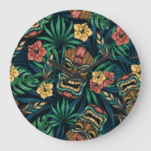 Hawaiian Tiki Mask tropisches Muster Große Wanduhr