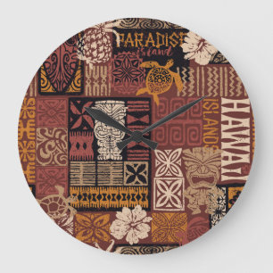 Hawaiian Tribal: Vintage-Stoffpatchwork Große Wanduhr