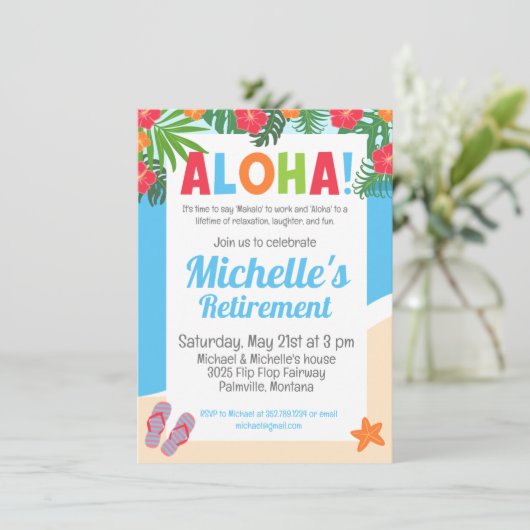 Hawaiian Tropical Aloha Retirement Party Einladung (Stehend Vorderseite)