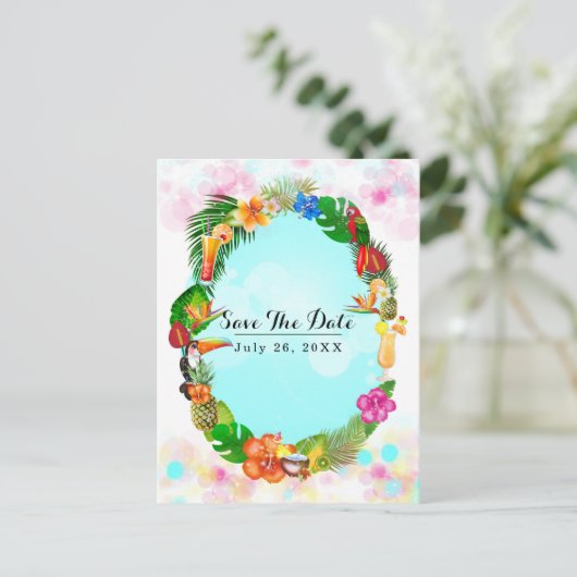 Hawaiian Tropical Summer Frame Save the Date Party Ankündigungspostkarte (Stehend Vorderseite)