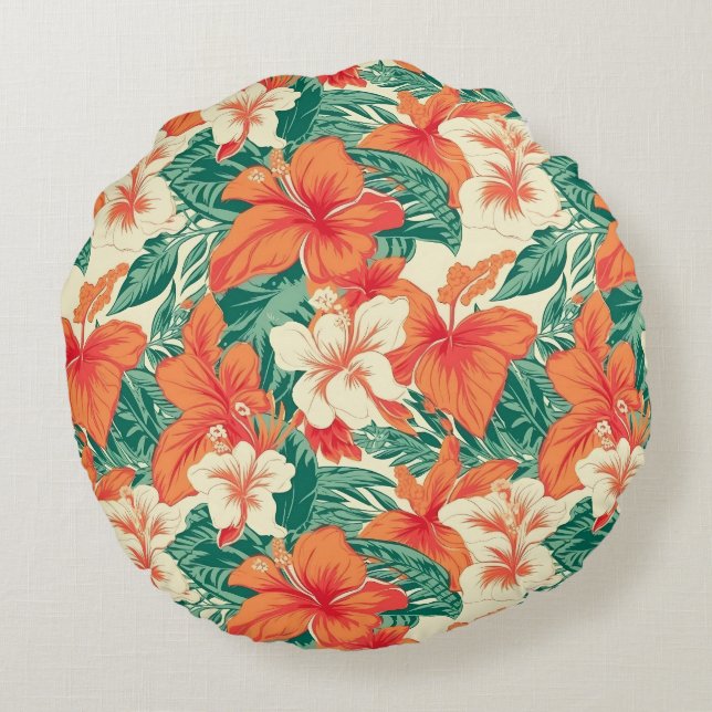 Hawaiian vibe aesthetic tropical flowers pattern rundes kissen (Rückseite)