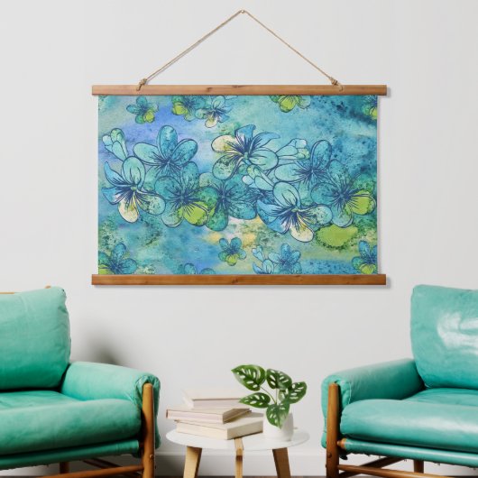 Hawaiian Watercolor Blue Plumeria Wandteppich Mit Holzrahmen (Wohnzimmer)