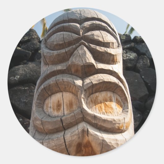 Hawaiian Wood Tiki Ki'i Big Island Native Carving Runder Aufkleber (Vorderseite)
