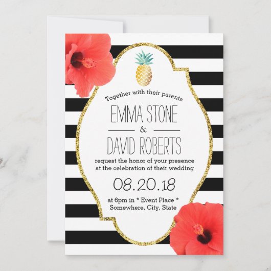 Hawaiianische Ananas-Hibiskus-Blume Moderne Hochze Einladung (Vorderseite)