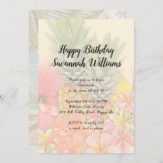 Hawaiianische Blume Ananas Geburtstagsparty Einlad Einladung (Vorne/Hinten)