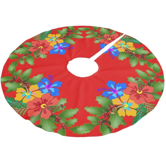 Hawaiianische Blume Hibiskus Red Polyester Weihnachtsbaumdecke (Schrägansicht)