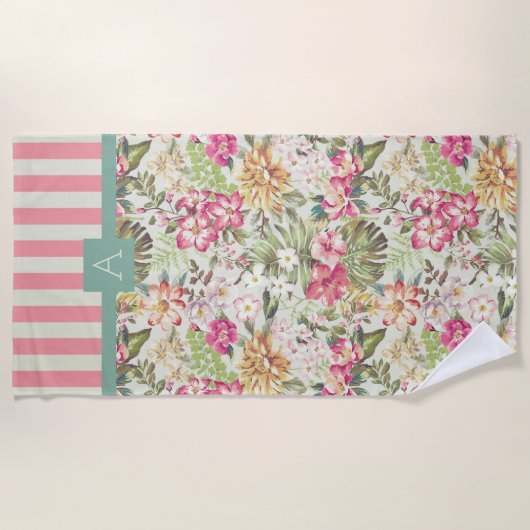Hawaiianische Flora und Streifen | Monogramm Strandtuch (Vorderseite)