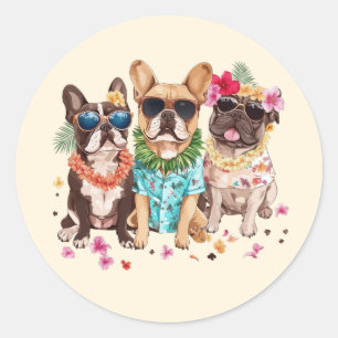 Hawaiianische Französische Bulldoggen Blumenlei Runder Aufkleber