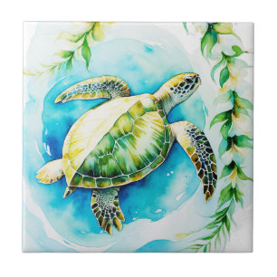 Hawaiianische Honu mit Plumeria & Maile Watercolor Fliese