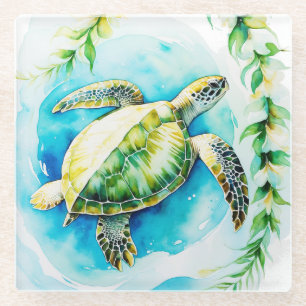 Hawaiianische Honu mit Plumeria & Maile Watercolor Glasuntersetzer