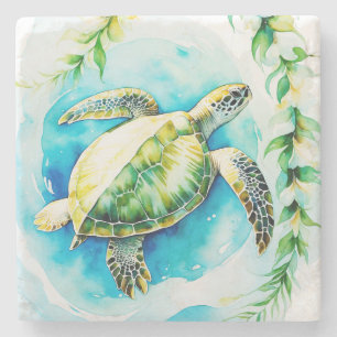 Hawaiianische Honu mit Plumeria & Maile Watercolor Steinuntersetzer