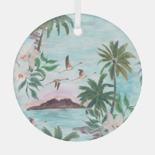 Hawaiianische Landschaft Flamingo Wasserfarben Mus Ornament Aus Glas