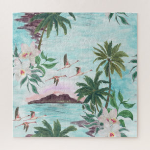 Hawaiianische Landschaft Flamingo Wasserfarben Mus Puzzle