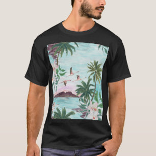 Hawaiianische Landschaft Flamingo Wasserfarben Mus T-Shirt