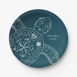 Hawaiianische Meeresschildkröte Weiß auf Aquamarin Pappteller