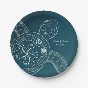 Hawaiianische Meeresschildkröte Weiß auf Aquamarin Pappteller