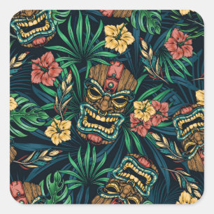 Hawaiianische Tiki-Maske Tropical Pattern Quadratischer Aufkleber