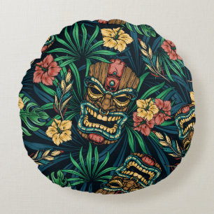 Hawaiianische Tiki-Maske Tropical Pattern Rundes Kissen